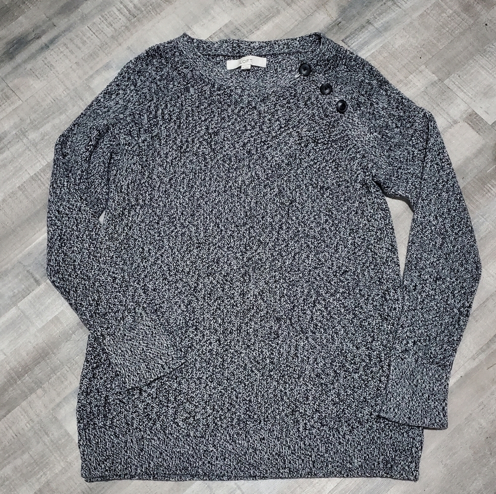 LOFT Marled Knit Sweater Shoulder Button Cotton Pullover Gray Medium